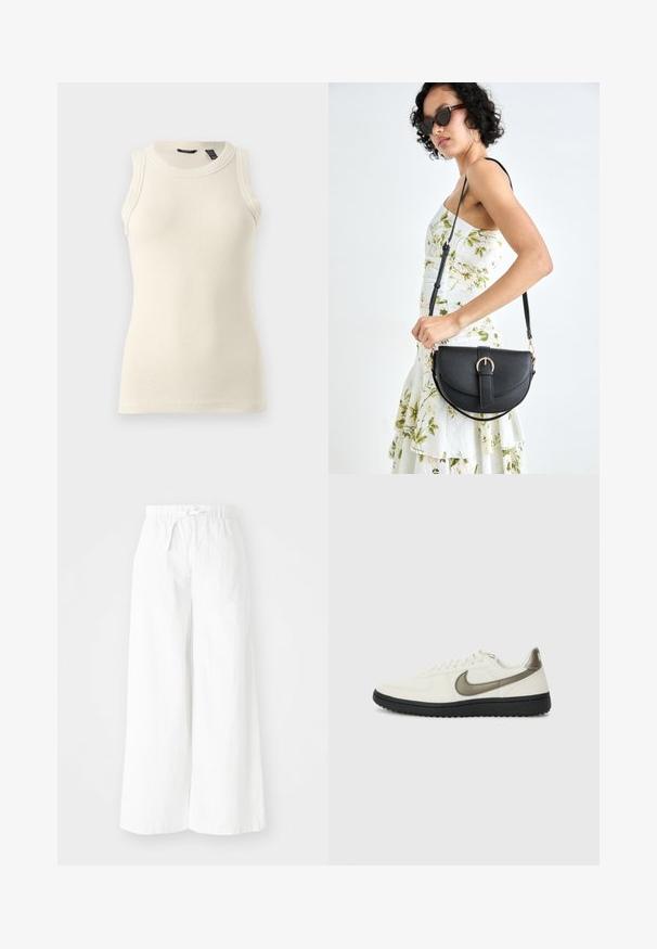 Kremasti top bez rukava izrađen od rebrastog materijala; sadrži okrugli izrez i kroj koji se prilagođava figuri s suptilnom teksturom.; Bijele široke hlače s elastičnom strukom, s prednjim vezanjem. Napravljene su od lagane tkanine, pogodnih za svakodnevno nošenje.; Nike Sportswear FIELD GENERAL - Tenisice - off-white/black; Crna kožna torba s lukovitim oblikom, odvojivim remenom i zlatnim detaljima. Torba ima preklop s kopčom.