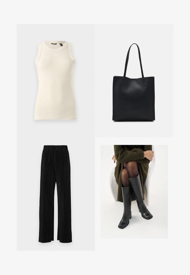 Cream sleeveless top made from ribbed fabric; features a round neckline and form-fitting silhouette with subtle texture.; Black pleated trousers with an elastic waistband. Features wide legs and a smooth, textured fabric with vertical stripes.; Knee-high black leather boots with a squared toe and block heel, shown with a model seated in an olive green coat. Smooth texture, minimal detailing.; Black leather tote bag with smooth texture, rectangular shape, and two long handles. No visible hardware or embellishments.