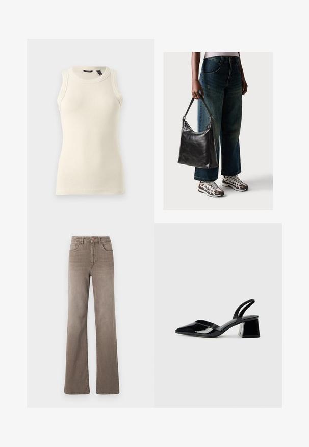 Kremasti top bez rukava izrađen od rebrastog materijala; sadrži okrugli izrez i kroj koji se prilagođava figuri s suptilnom teksturom.; Smeđe traperice visokog struka ravnog kroja s prednjim gumbom, petljama za pojas i klasičnim dizajnom od pet džepova na bijeloj pozadini.; Crne lakirane kožne sandale s otvorenom petom i špicastim vrhom, s geometrijskom blok petom. Imaju elegantan, minimalistički dizajn i glatku teksturu.; Crna kožna torba za rame s glatkom teksturom i podešivim remenom, u kombinaciji s izblijedjelim širokim trapericama i sportskim tenisicama.