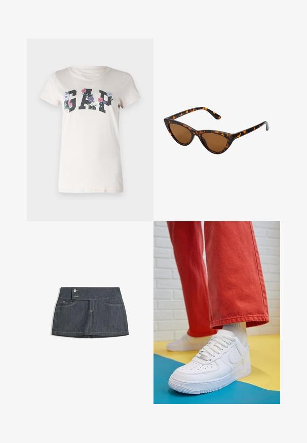 Cream cotton T-shirt featuring the word "GAP" in bold black letters, surrounded by multi-colored floral graphics. Short sleeves and round neck.; Dark denim skirt with a high waistband, featuring two front pockets, a button closure, and contrasting stitching along the edges.; White leather sneaker with perforated toe box, textured sole, and white laces, paired with wide red pants and a blue and yellow background.; Cat-eye sunglasses with a black and orange tortoiseshell frame, brown lenses, and sleek, pointed tips. Features a minimal logo on the temple.; Gold hoop earrings with a smooth, shiny finish. Circular design featuring a small post and clear backing for secure wear.