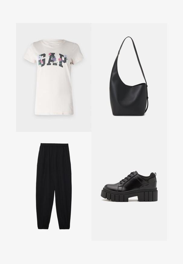 Camiseta de algodón crema con la palabra "GAP" en letras negras en negrita, rodeada de gráficos florales multicolores. Mangas cortas y cuello redondo.; Pantalones negros, ligeros, con cintura elástica y tobillos fruncidos. La tela es suave y presenta un diseño relajado y ajustado.; Zapatos de plataforma de cuero negro con un tacón cuadrado grueso, punta redonda y diseño tradicional de cordones. Presenta una textura suave y un detalle minimalista.; Bolso tipo hobo de cuero negro con una textura suave, forma curvada y una sola correa ajustable; presenta una amplia apertura en la parte superior.
