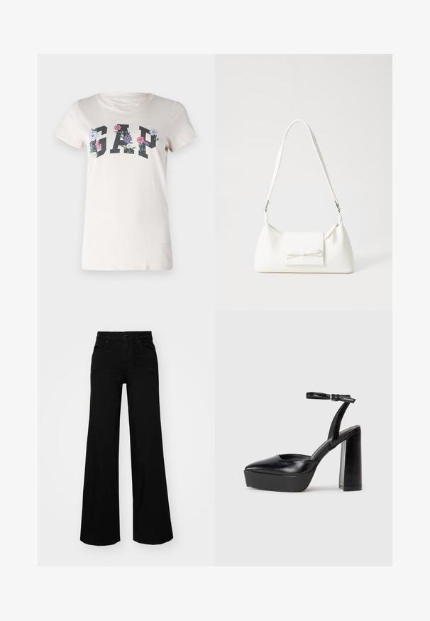 Krémové bavlnené tričko s nápisom "GAP" v tučných čiernych písmenách, obklopené mnohobarvnými kvetinovými grafikami. Krátke rukávy a okrúhly výstrih.; Čierne široké nohavice z denimu s pevným pásom, pútkami na opasok a prednými vreckami. Hladká štruktúra s klasickým dizajnom.; Čierne platformové podpätky so špicatou špičkou a nastaviteľným členkovým remienkom. Vyrobené z hladkej kože a so robustným blokovým podpätkom.; Biela syntetická kabelka s trojuholníkovým tvarom, plochým predným klapkou a detailom mašle, nastaviteľným popruhom, hladkou textúrou a minimalistickým dizajnom.