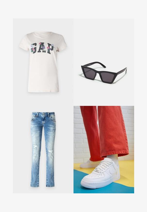 Cream cotton T-shirt featuring the word "GAP" in bold black letters, surrounded by multi-colored floral graphics. Short sleeves and round neck.; Light blue denim jeans with a relaxed fit, featuring distressed details, a button fly with two buttons, and straight legs.; White leather sneaker with perforated toe box, textured sole, and white laces, paired with wide red pants and a blue and yellow background.; Black, angular sunglasses with gray lenses; made of plastic, featuring thick arms with a smooth surface and no visible hardware.; Gold hoop earrings with a smooth, shiny finish. Circular design featuring a small post and clear backing for secure wear.