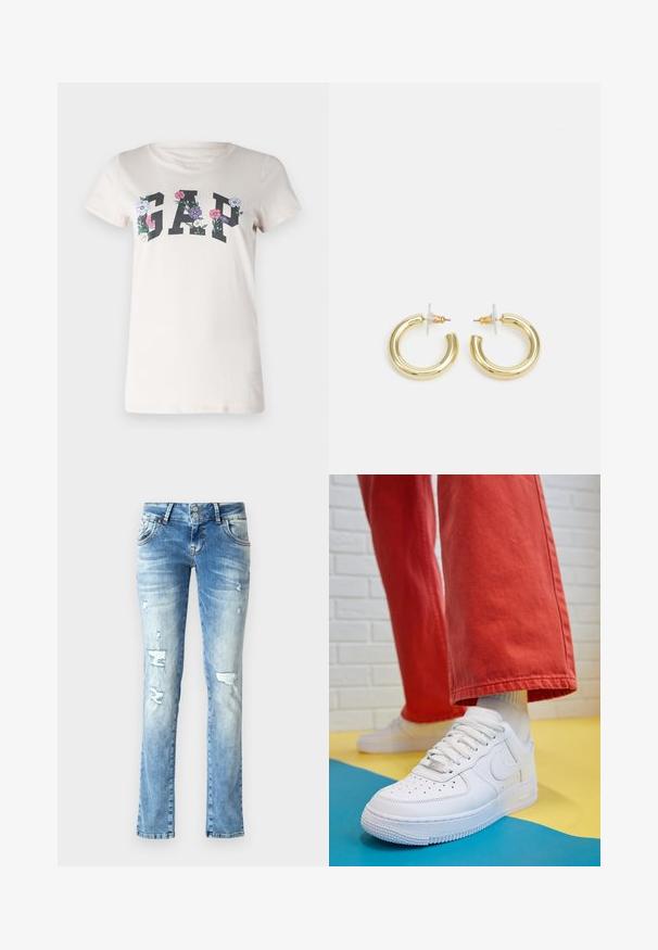 Kremna bombažna majica s kratkimi rokavi, ki nosi besedo "GAP" v poudarjenih črnih črkah, obdana z večbarvnimi cvetličnimi grafikami. Okrogla ovratnik.; Svetlo modri jeans iz denima z sproščenim krojem, ki imajo obrabljene podrobnosti, gumbasto zapiranje z dvema gumboma in ravno krojene hlačnice.; Beli usnjeni športni čevlji s perforiranim prstnim delom, teksturiranim podplatom in belimi vezalkami, v kombinaciji s širokimi rdečimi hlačami in modro-rumeno ozadje.; Zlate uhane v obliki obročkov z gladko, sijočo površino. Krožna zasnova s majhnim nosilcem in prozornim podplatom za varno nošenje.
