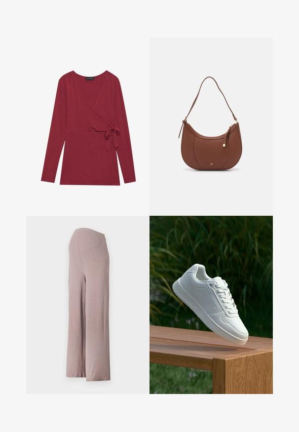 Ilgomis rankovėmis, suktas viršus tamsiai raudonos spalvos audiniu. Funkcijos V formos iškirptė ir šoninė rišimo detalė. Minkštas tekstūra ir prie kūno priglundanti siluetas.; Šviesiai rožinės spalvos, raukšlėtos plačios kojinės kelnės su nesvariu liemeniu, pasižyminčios švelnia, tekstūrine medžiaga ir laisvu siluetu.; Balti sneakeriai su lygia sintetine viršutine dalimi, perforuota pirštų zona, plokščiomis raištelėmis ir tekstūruotu padu, padėti ant medinės paviršiaus.; Ruda dirbtinės odos petinė piniginė su kreiva forma, minimalia siuvimo linija ir auksinės spalvos įranga. Yra užtrauktuko uždarymas viršuje ir reguliuojama petneša.