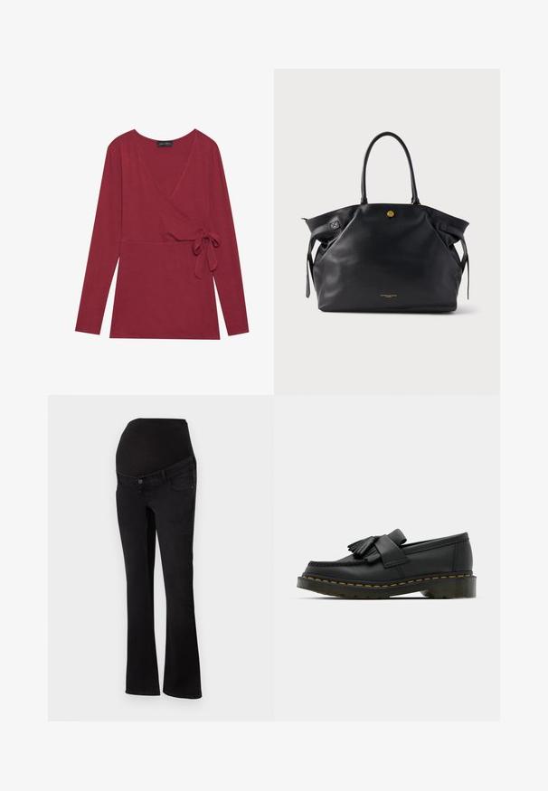 Ilgomis rankovėmis, suktas viršus tamsiai raudonos spalvos audiniu. Funkcijos V formos iškirptė ir šoninė rišimo detalė. Minkštas tekstūra ir prie kūno priglundanti siluetas.; Juodos džinsinio audinio nėštumo džinsai su elastinga juosmens juosta, kuri pakyla virš pilvo, prigludę klubams ir šlaunims, platėja ties kojų galu.; Juodi odiniai loaferiai su apvaliu pirštu, turi fransuojančią detalę ir dekoratyvinę juostelę priekyje, įrengti ant masyvaus kulno.; Juoda odinė pirkinių rankinė su tekstūruotu paviršiumi, auksinės spalvos detalėmis ir dviem apvaliais rankenomis. Turi saugų užsegimą ir minimalistinį prekės ženklo ženklinimą.