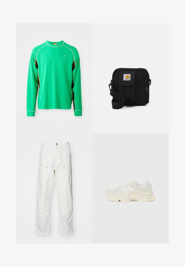 Garās piedurknes zaļa sporta krekls ar teksturētu audumu, kontrastējošām brūnām sānu akcentiem un baltu šuvumu ap apkakli un šuvēm.; Baltas kokvilnas kargo bikses ar brīvu piegriezumu. Iezīmes ietver priekšējās kabatas, zeltītas detaļas un pastiprinātas ceļa daļas.; Vieglas sporta apavus ar sieta un zamšādas augšdaļu maigos krēma tonī, ar masīvu zoli un trīsdimensionāliem akcentiem.; Melna plecu soma ar rāvējslēdzēja galveno nodalījumu, priekšējo kabatu, regulējamu siksnu un redzamu logotipa tagu uz vāka.