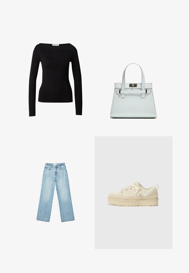Black long-sleeve top with a wide neckline, fitted shape, and soft texture, made from stretchable fabric. No visible patterns or adornments.; Light blue denim wide-leg jeans with a high waist, featuring a faded wash and small, scattered distressed details throughout.; Beige sneaker with a mix of smooth and textured materials, featuring a chunky sole, decorative laces, and a rear pull tab.; Light blue handbag with structured design, two handles, and a silver-toned hardware clasp. Textured material and sharp corners.