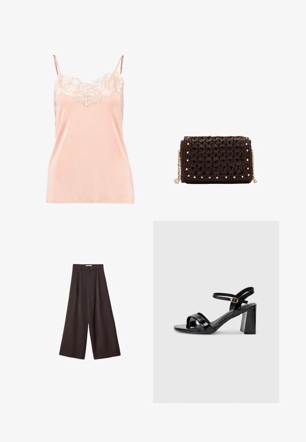 Brzoskwiniowa koszulka na ramiączkach z regulowanymi paskami, z koronkowym wykończeniem przy dekolcie. Gładki materiał, miękka faktura i luźny krój.; Czarne spodnie z szerokimi nogawkami i wysokim stanem, z plisami z przodu oraz zapięciem na guzik w talii, wykonane z gładkiego materiału.; Czarne lakierowane sandały na obcasie z blokowym obcasem, z krzyżującymi się paskami z przodu oraz regulowanym paskiem wokół kostki z złotą klamrą.; Brązowa pleciona kopertówka o teksturowanym wykończeniu, z elementami ze złotego metalu i ozdobnymi ćwiekami wzdłuż brzegów. Posiada łańcuszkowy pasek.