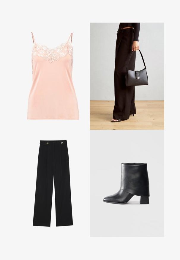 Pfirsichfarbene Spaghettiträgertop mit verstellbaren Trägern, das über eine Spitzenborte am Ausschnitt verfügt. Glattes Gewebe, weiche Textur und lockere Passform.; Schwarze weite Hosen mit hoher Taille, Knopfdetails am Bund und vorderen Falten.; Schwarze Lederstiefelette mit spitzer Zehenform, glatter Oberfläche und strukturiertem Blockabsatz. Mit einem hohen, gefalteten Schaftdesign.; Schwarze Handtasche mit strukturierter Form, glatter Textur und einem metallischen Verschluss. Kombiniert mit weiten schwarzen Hosen und offenen Sandalen auf einem Holzboden.