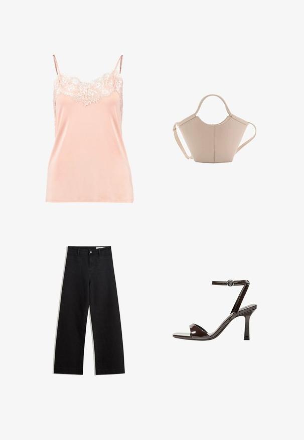 Camisola pesca con spalline regolabili, con un bordo in pizzo lungo il colletto. Tessuto morbido, texture liscia e vestibilità comoda.; Pantaloni in denim neri a gamba larga con vita alta, dotati di tasche anteriori e posteriori, cuciture a punto, e chiusura con bottone. Texture liscia.; Sandalini con tacco alto in pelle verniciata marrone, con cinturino alla caviglia, punta aperta e un design elegante e minimalista. Presentano un tacco quadrato.; Borsa in pelle beige con una forma unica, caratterizzata da due manici corti e una lunga tracolla regolabile. Texture liscia con hardware minimale.