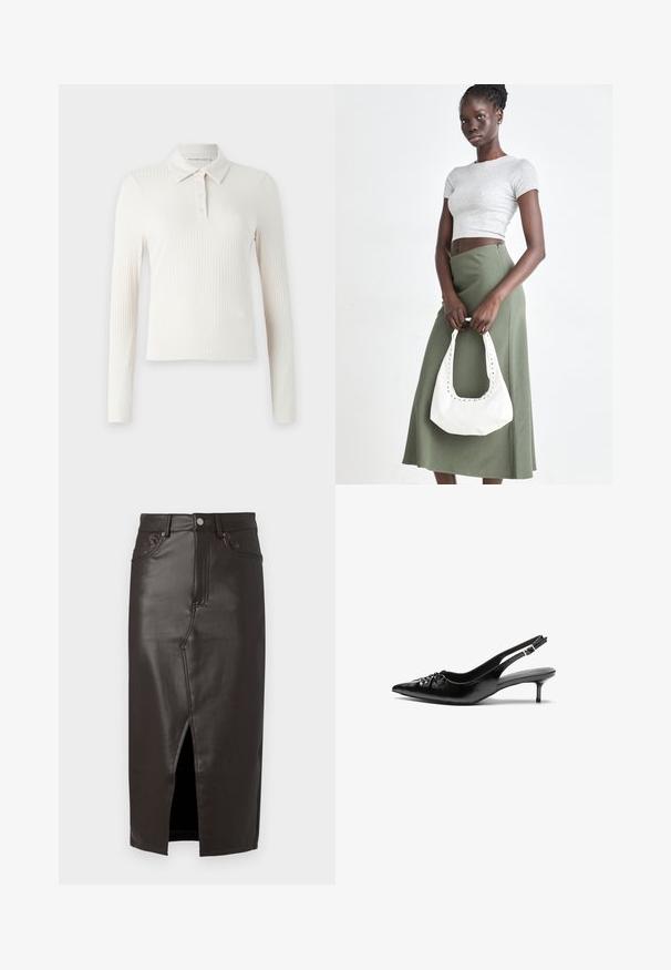 Hosszú ujjú, krémszínű bordás polo ing klasszikus gallérral, gombos nyitással és testhezálló fazonnal.; Barna bőr midi szoknya elöl hasítékkal, öt zsebes kialakítással és fémből készült gombos záródással. Sima textúrájú és szabott fazonú.; Fekete bőrből készült slingback magassarkú cipők hegyes orral, kis francia sarokkal és díszes csomóval az elején. Az egész felületen sima textúra.; Szürke bordázott cropped top és olajzöld, magas derékú szoknya. A modellen egy fehér válltáska van, amely kivágott részletekkel rendelkezik. Egyszerű dizájn, testhezálló sziluett.