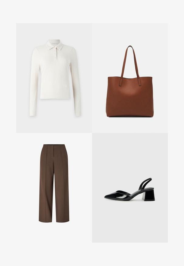 Long-sleeve polo shirt in cream ribbed fabric, featuring a classic collar, button placket, and a fitted silhouette.; Brown high-waist wide-leg trousers with front crease lines and a hidden front zipper closure.; Black patent leather slingback heels with a pointed toe and a geometric block heel. Features a sleek, minimal design and smooth texture.; Brown leather tote bag with a smooth texture, open top design, and two shoulder straps. Features minimal stitching and no visible hardware.