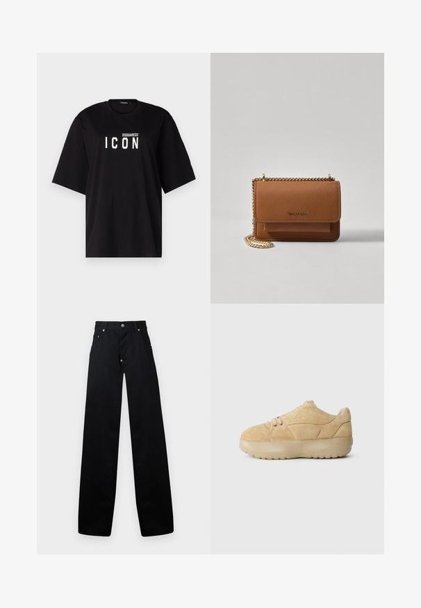 DSQUARED2 ICON TEE - T-shirt imprimé - black; Pantalons larges noirs en coton, avec une fermeture éclaire, deux poches avant et un design classique à cinq poches avec des accents en métal.; Baskets en suede beige clair avec une tige texturée, un col rembourré, un bout rond et une semelle en caoutchouc épaisse, arborant des détails de logo subtils.; Sac en cuir texturé marron en bandoulière avec une sangle en chaîne dorée et une fermeture à rabat. L'avant présente un détail de logo et une poche sous le rabat.