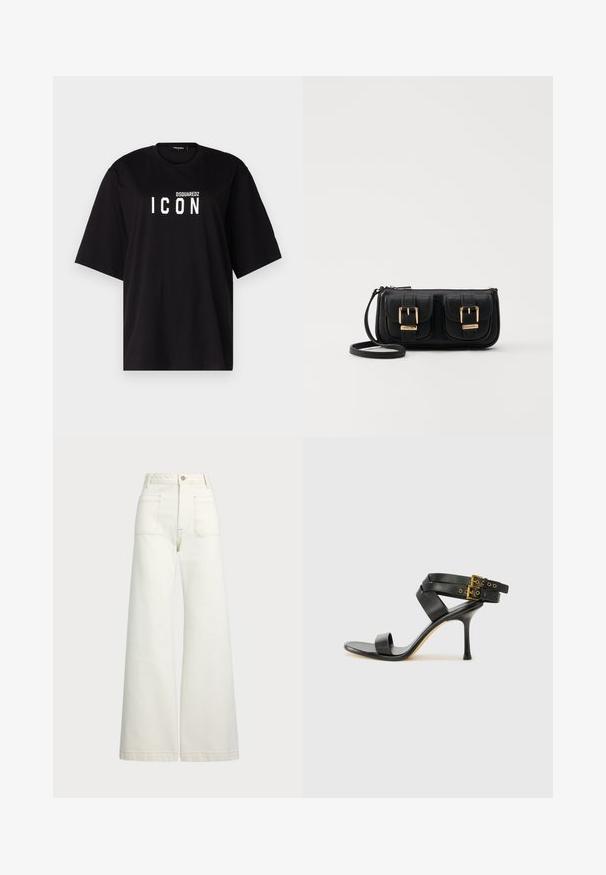 DSQUARED2 ICON TEE - Trükipildiga T-särk - black; Laiad teksad heledast denimist. Kõrge vöökoht, nööbivöö, kaks esikotitäit ja kontrastsed õmblused.; Mustad mustand koos ristatud rihmade ja reguleeritava pandlaga. Omab siledat tekstuuri ja kitsenevat stiletto kontsa.; Must küllastamata nahast õlakott, millel on kaks esist nähtavat taskut, kuldsed pandlad, tõmblukuga sulgemine ja peen rihm. Tekstuuriga pind ja kompaktne ristkülikukujuline kuju.