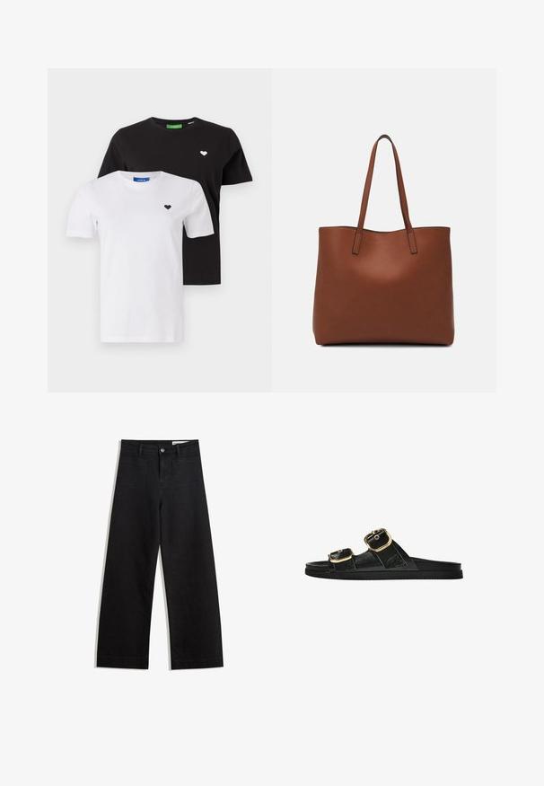 Dvě bavlněná trička: jedno černé s bílým logem srdce, druhé bílé s černým logem srdce. Obě mají klasický kulatý výstřih a krátké rukávy.; Černé denimové kalhoty s volným střihem a vysokým pasem, vybavené předními a zadními kapsami, prošívanými švy a knoflíkovým zapínáním. Hladká textura.; Černé kluzné sandály s dvěma zlatými sponami, hladkým texturovaným materiálem, plochou podrážkou a minimalistickým designem.; Hnědá kožená taška přes rameno s hladkou texturou, otevřeným designem a dvěma ramenními popruhy. Obsahuje minimální švy a žádné viditelné kovové prvky.
