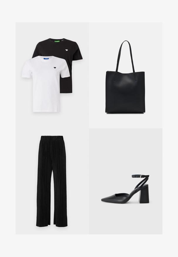 Du mielinės medvilninės marškinėliai: vieni juodi su baltu širdies logotipu, kiti balti su juodu širdies logotipu. Abu turi klasikinį apvalų kaklą ir trumpas rankoves.; Juodi plisuoti kelnės su elastine juosta. Turėkite plačias kojas ir glotnų, tekstūrinį audinį su vertikaliais dryžiais.; Juoda odinė smailiagalė aukštakulnio bateliai su kulkšnies dirželiu ir storu kulnu. Lygus paviršius, elegantiškas dizainas ir minimalistiška estetinė. ; Juodas odinis tote krepšys su lygia tekstūra, stačiakampio formos ir dviem ilgais rankenomis. Matomų metalinių detalių ar puošybos nėra.