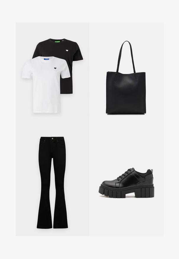 Duas t-shirts de algodão: uma preta com um logótipo de coração branco, e uma branca com um logótipo de coração preto. Ambas têm um decote redondo clássico e mangas curtas.; Jeans pretos de cintura alta com fecho de botão e zíper, bolsos frontais e pernas largas dispostos em cima de um fundo branco.; Sapatos de plataforma em couro preto com um salto bloco robusto, bico redondo e design clássico de atacadores. Apresentam uma textura suave e detalhes mínimos.; Bolsa tote preta em couro com textura lisa, forma retangular e duas alças longas. Sem hardware ou enfeites visíveis.