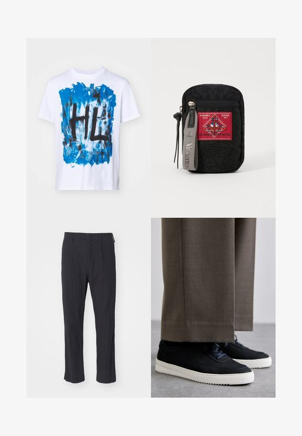 Hvitt bomull T-skjorte med et blått abstrakt design og svart "HL" tekst i senter. Korte ermer og rund hals stil.; Sorte plisserte bukser med teksturert stoff, med rett ben-design og standard midje. Ingen synlige lommer eller metallfester.; Svarte suedeglans sneakers med hvite gummisåler, med rund tå og lisser, iført grå skreddersydde bukser.; Svart pose med teksturert stoff, med en rød lapp med logo, glidelås-lukking, og et grått bånd med preget merkevare.