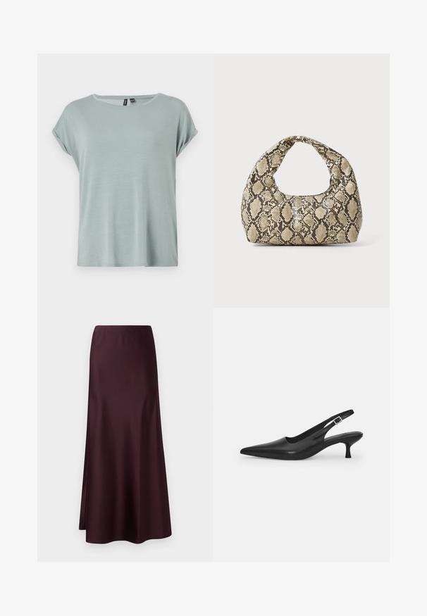 Svetlozelené tričko s uvoľneným strihom, krátkymi rolovanými rukávmi a okrúhlym výstrihom. Mäkka, hladká textúra s mierne voľným dizajnom.; Burgundská saténová midi sukňa s hladkou textúrou, priliehavým pásom a splývavým lemom, so bočným rozparkom pre pohodlný pohyb.; Čierne kožené sandále s úzkym špičatým prstom a štíhlym zakriveným podpätkom. Majú diskrétny nastaviteľný popruh s kovovou sponou.; Kabelka s hadím vzorom a zakriveným rukoväťou. Vyrobená z textúrovaných béžových a hnedých materiálov, s charakteristickým diamantovým vzorom.