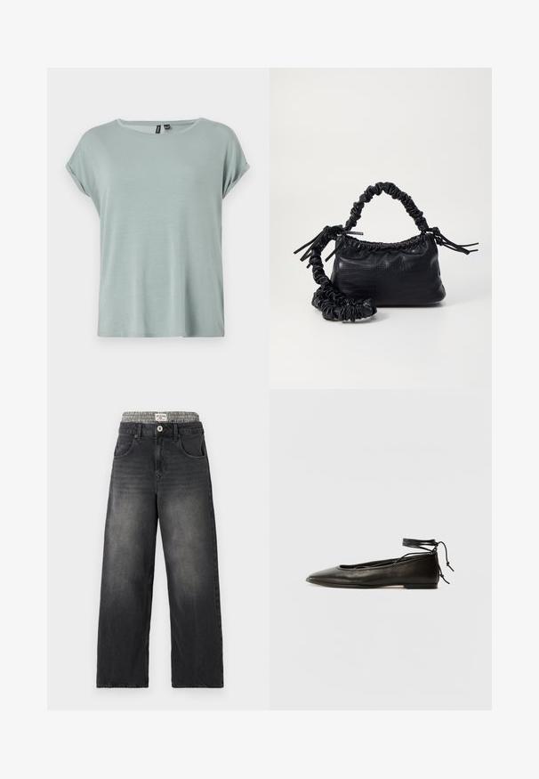Světle zelené tričko s uvolněným střihem, krátkými ohrnutými rukávy a kulatým výstřihem. Měkká, hladká textura s mírně volným designem.; Černé džíny s širokými nohavicemi a pasem s kostkovaným vzorem. Obsahují přední kapsy a zapínání na knoflík. Ošuntělá textura.; Černé kožené baletky s špičatou špičkou, vázáním na kotníku a plochou podrážkou, s hladkým povrchem a minimalistickým designem.; Černá kabelka z umělé kůže s krokodýlím vzorem, staženým vrškem a zmačkaným popruhem. Zdá se, že má měkký a kompaktní design.