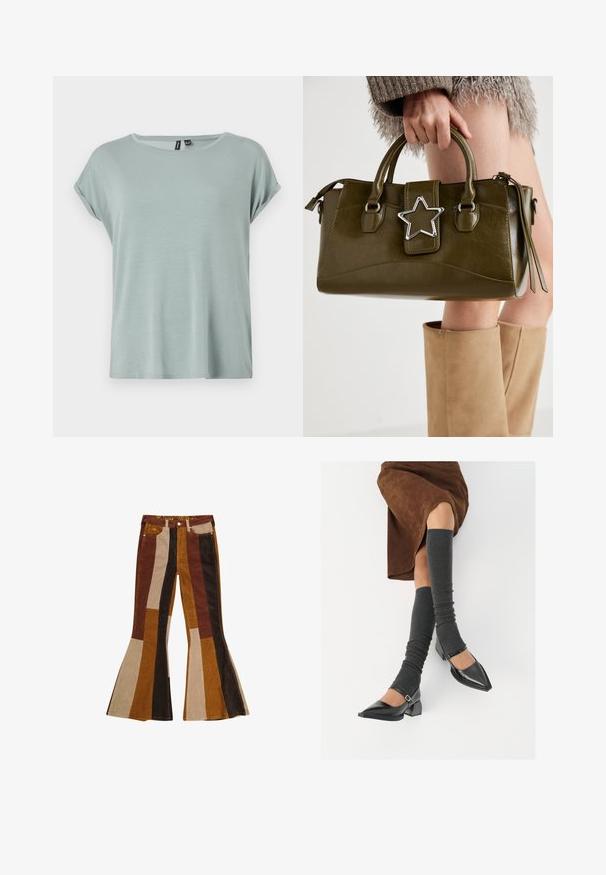 Lichtgroene T-shirt met een ontspannen pasvorm, korte opgerolde mouwen en een ronde halslijn. Zachte, gladde textuur met een iets los ontwerp.; Corduroy flared broeken met verticale strepen in bruin, tan en mosterd. Kenmerkend ontwerp met een hoge taille en vijf zakken.; Zwarte gepatineerde leren pumps met een puntige neus, een blokhak en een enkelbandje, gecombineerd met grijze geribde beenwarmers en een bruine suède rok.; Olijf groen neplederen handtas met zilveren steraccent, dubbele handvatten en een ritssluiting. Gelaagd oppervlak en gestructureerde vorm.