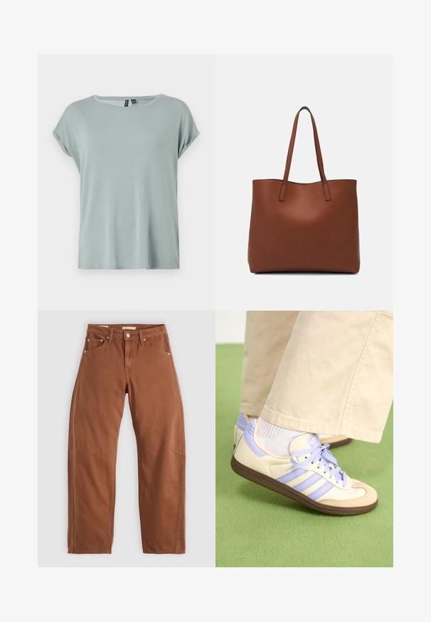 Light green T-shirt with a relaxed fit, short rolled sleeves, and a round neckline. Soft, smooth texture with a slightly loose design.; Rust brown straight-leg jeans with front and back pockets, metal rivets, button closure, and belt loops, laid flat on a white background.; Cream and lavender sneakers with three stripes and a textured brown sole, featuring laces and a padded heel. Soft fabric upper.; Brown leather tote bag with a smooth texture, open top design, and two shoulder straps. Features minimal stitching and no visible hardware.