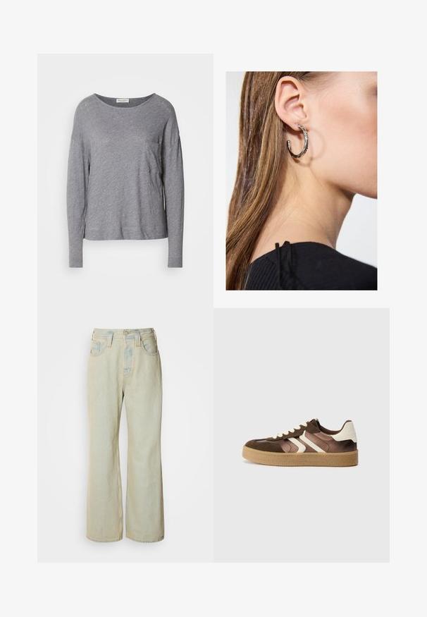 Helehall pikkade varrukatega särk ümmarguse kaelusega ja väikese rinna taskuga, esitlemine valge tausta peal.; Heledad sinine laiad teksad, mis on valmistatud denimist, kõrge vöökoht, viis taskut ja kerge kulumine koos kontrastsetest õmblustest rõhutustega.; Pruunid ja kreemjad spordijalatsid, millel on kombineeritud nabukanga ja satiini materjalid, kolm diagonaalset triipu ja tekstureeritud kummitald.; Hõbedane rõngas kõrvarõngas poleeritud viimistlusega, millel on väikesed kuldsed aktsendid ja ümmargune kuju, kantud lobus.