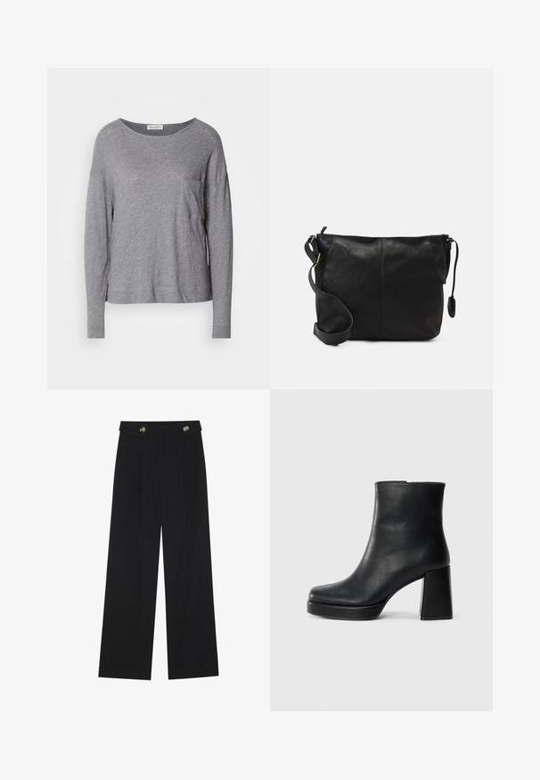 Light grey long-sleeve shirt with a round neckline and a small chest pocket, displayed on a white background.; Black wide-leg trousers with high waist, button details on waistband, and front pleats.; Black leather ankle boot with a block heel and platform sole, viewed from the side on a plain white background.; Black leather crossbody bag with a flat shape, gold hardware accents, and an adjustable strap. Smooth texture with minimal stitching details.