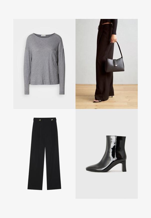 Light grey long-sleeve shirt with a round neckline and a small chest pocket, displayed on a white background.; Black wide-leg trousers with high waist, button details on waistband, and front pleats.; Black patent leather ankle boot with a pointed toe and a mid-height block heel. Smooth texture and minimalist design.; Black handbag with structured shape, smooth texture, and a metallic clasp. Paired with wide black pants and open-toe sandals on wooden floor.
