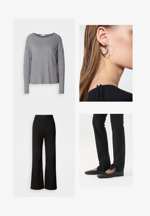 Ljusgrå långärmad skjorta med rund halsringning och en liten bröstficka, visad mot en vit bakgrund.; Svarta vida byxor med en slät textur, hög midja och en enkel design. Inga synliga fickor eller dekorationer.; Svarta läderballetskor med spetsig tå, rem med silverspänne, kombinerade med svarta skräddarsydda byxor med slitsar i fållen.; Silverörhänge med polerad yta, med små detaljer i guld och rund form, bärs på loben.