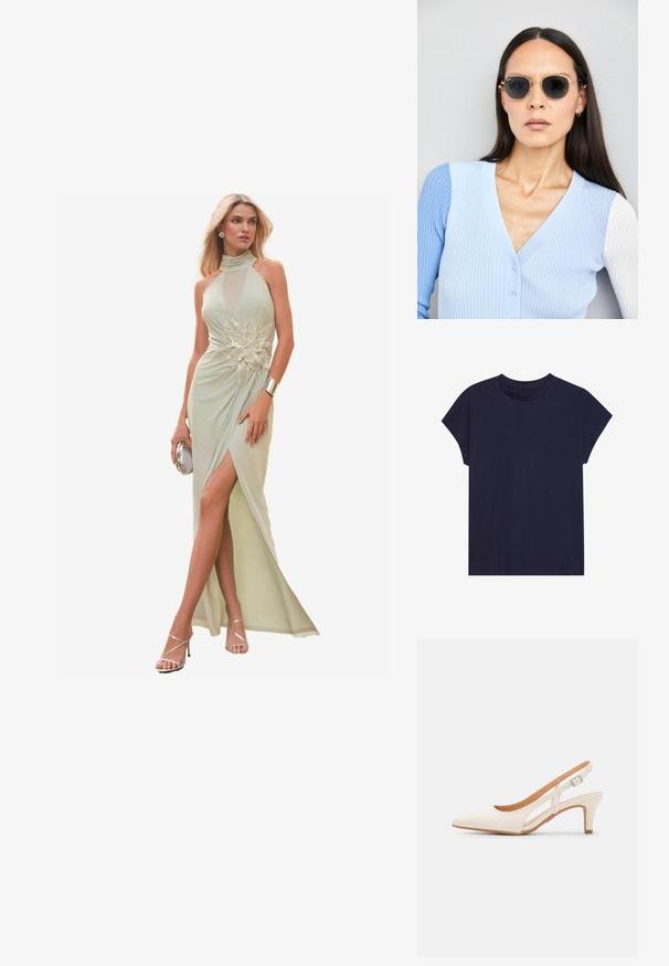 Tamsiai mėlynas medvilninis marškinėlis su apvaliu iškirpimu ir trumpomis rankovėmis, turintis laisvą siluetą ir lygią tekstūrą. Be raštų ar akcentų.; Mėtų žalios spalvos halter tipo suknelė su tinklelio detalėmis, puošniomis gėlių dekoracijomis, aukštu skeltu bei plazdančia medžiaga, derinama su sidabriniais aksesuarais.; Balti slingback kulniukai su smailiu pirštu, lygia viršutine medžiaga, žemu blokuotu kulnu ir šoniniu išpjovimu su reguliuojamu sagtimi.; Apskriti saulės akiniai su tamsiais objektyvais ir auksiniais rėmeliais. Modelis vilki šviesiai mėlyną, raukinį kardiganą su mygtukais ir kontrastingomis baltomis rankovėmis.; Michael Kors rankinė smėlio spalvos dengto kanvoje su pakartotiniu MK logotipo raštu, auksinėmis detalėmis ir nuimamu grandininiu dirželiu.