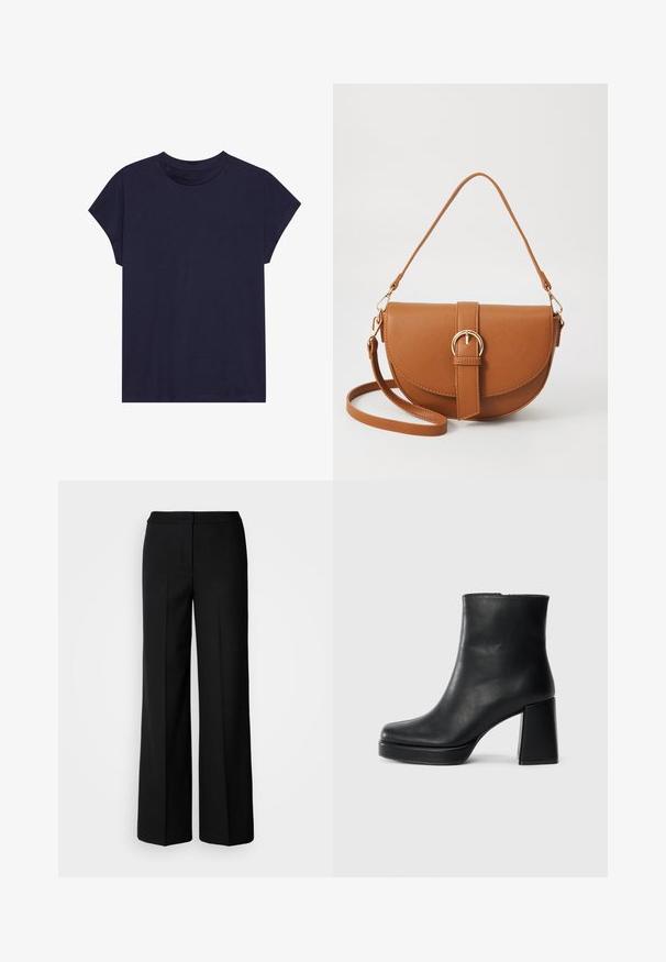 Mörkblå bomullströja med rund halsringning och korta ärmar, med en avslappnad passform och slät textur. Inga mönster eller detaljer.; Svarta vida byxor med ett mjukt tyg, med hög midja, skräddarsydda sömmar och en minimalistisk design. Inga synliga detaljer eller fickor.; Svart läderankelboot med blockklack och platåsula, sedd från sidan på en enkel vit bakgrund.; Brun läder crossbody-väska med en böjd form, gyllene detaljer och en spänneaccent. Har en avtagbar axelrem.