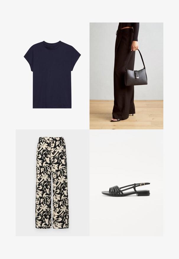 Námořnická modrá bavlněná tričko s kulatým výstřihem a krátkými rukávy, nabízející uvolněný střih a hladkou texturu. Bez vzorů nebo akcentů.; Černé kalhoty s širokými nohavicemi a krémovým květinovým vzorem. Vyrobené z lehké tkaniny, s hladkým povrchem a vysokým pasem.; Černé ploché sandály se spíleným designem, které mají několik kožených pásků a štíhlý páskový přezkový uzávěr na kotníku. Podešev je plochá a obdélníková.; Černá kabelka se strukturovaným tvarem, hladkým povrchem a kovovým uzávěrem. Kombinována s širokými černými kalhotami a sandály s otevřenou špičkou na dřevěné podlaze.