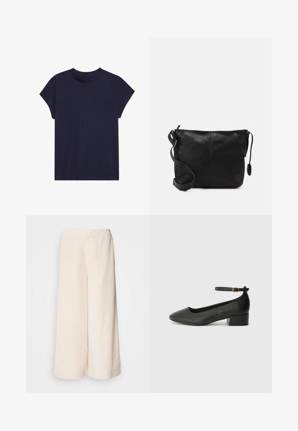 Temno modra bombažna majica s krožnim izrezom in kratkimi rokavi, z sproščenim krojem in gladko teksturo. Brez vzorcev ali okrasnih elementov.; Kremne široke hlače z elastičnim pasom, ki imajo sproščen kroj in gladko teksturo, primerne za vsakodnevno nošenje.; Črne usnjene pumpice z nazobčanimi prsti in nizko blokasto peto. Imajo trak okoli gležnja z zaponko v zlatem tonu. Gladka tekstura.; Črna usnjena torbica čez telo s ravno obliko, z zlatimi kovinskimi dodatki in nastavljivim trakom. Gladka tekstura z minimalnimi šivi.