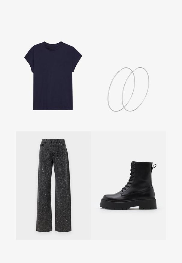 Tums zilas kokvilnas krekliņš ar apaļu kakla izgriezumu un īsām piedurknēm, ar brīvu piegriezumu un gludu tekstūru. Nav rakstu vai akcentu.; Noisy May NMJANNEL LOOSE - Brīva piegriezuma džinsi - black denim; Melni ādas potītēm zābaki ar apļveida purngalu, auklām priekšpusē un biezu gumijas zoli ar teksturētu protektoru. Velkšanas cilpa aizmugurē.; Sudraba gredzenveida auskari ar minimālistisku dizainu. Cirkulāra forma, gluda tekstūra un plāns profils. Vieglu svaru ar spīdīgu apdari.