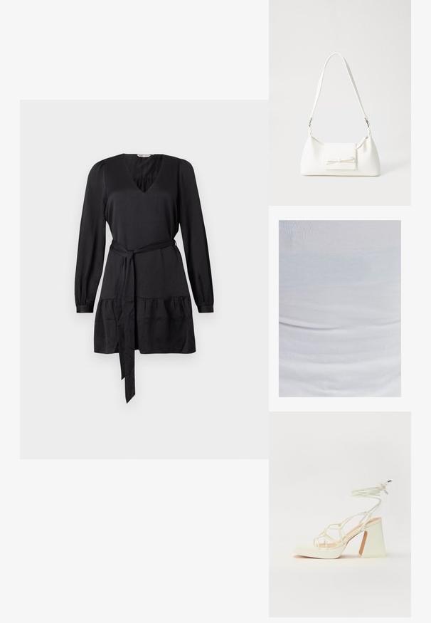 OXXO MIT ECKIGEM AUSSCHNITT - Top - white; Abito nero con scollatura a V, maniche lunghe e cintura. Presenta un volant arricciato all'orlo per un tocco di texture. Finitura in tessuto morbido.; Sandalo bianco con tacco alto, caratterizzato da un design a cinturini e un legaccio alla caviglia. Texture liscia con una piattaforma frontale per un'altezza aggiuntiva.; Borsa sintetica bianca a forma triangolare, con patta anteriore piatta e dettaglio a fiocco, tracolla regolabile, texture liscia e design minimalista.