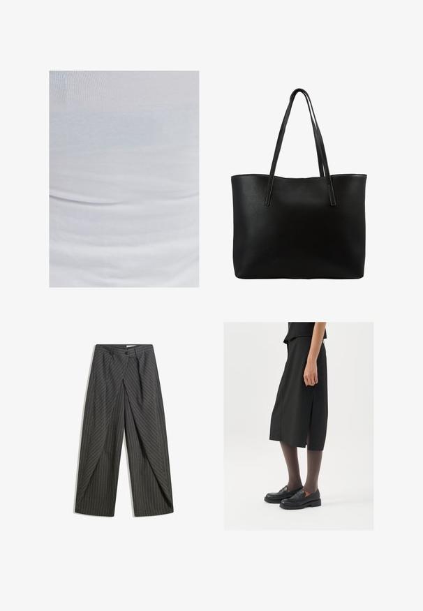 OXXO MIT ECKIGEM AUSSCHNITT - Top - white; Grijze pinstripe broek met een ontspannen pasvorm, voorzien van een enkele knoopsluiting, plooien en een wijd beenontwerp.; Zwarte knielange rok met zijsplit, gecombineerd met zwarte loafers en doorzichtige bruine panty's, met een mooie stof en een eenvoudig ontwerp.; Zwarte tote bag met een textured leren buitenkant, hoge rechthoekige vorm, twee lange handvatten en een open ontwerp. Geen zichtbare hardware.
