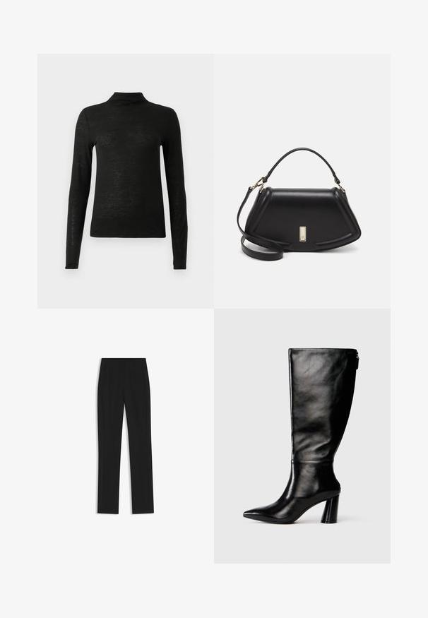 Black long-sleeve turtleneck top made of a lightweight, slightly textured fabric; features a high neckline and fitted silhouette.; Black tailored trousers with a straight-leg design, featuring front pockets and a smooth, textured fabric. Neat, minimal detailing.; Knee-high black leather boot with a pointed toe, smooth texture, and a chunky heel. Features a zipper detail at the back.; Black leather handbag with a structured design, featuring a cropped shape, top handle, and gold hardware accent. Adjustable shoulder strap included.