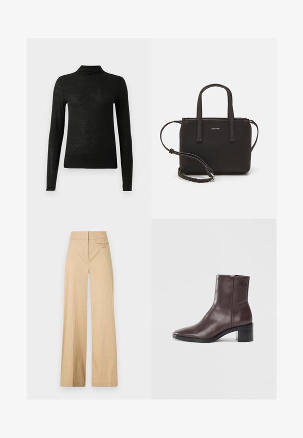 Crna dolčevita s dugim rukavima, izrađena od lagane, blago teksturirane tkanine; ima visok ovratnik i uski kroj.; Bež hlače širokih nogavica napravljene od mješavine pamuka. Imaju glatku teksturu, elastičnu elastiku u struku i detalj gumba sa strane.; Tamno smeđe kožne gležnjače sa kvadratnim vrhom, blok petom i suptilnim ugraviranim logom blizu vrha na ravnoj bijeloj pozadini.; Crna torba s dva kratka ručka i uklonjivom naramenicom. Glatki materijal nalik koži s zatvaračem na zatvaranje i detaljem s logom.