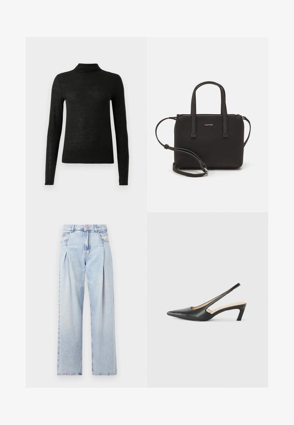 Čierny dlhý rukáv, rolák vyrobený z ľahkej, mierne textúrovanej látky; má vysoký výstrih a priliehavý strih.; Svetlomodré džínsy s vysokým pásom, širším strihom po celej dĺžke, dvoma bočnými vreckami a skladaným dizajnom. Mäkka textúra s vyblednutým vzhľadom.; Čierne slingback topánky s ostrou špičkou a nízkym opätkom, vyrobené z hladkej kože a s výrezmi na boku pre lepšiu priedušnosť.; Čierna kabelka s dvojitými krátkymi rúčkami a odnímateľným ramenným popruhom. Hladký materiál podobný koži s uzatváraním na zips a detailom loga.
