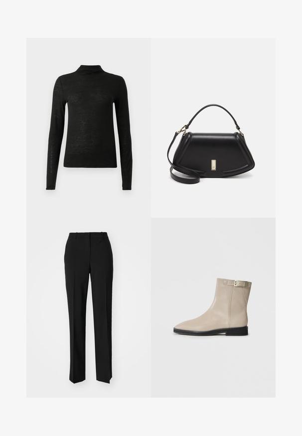 Musta pitkähihainen poolopaita, joka on valmistettu kevyestä, hieman teksturoidusta kankaasta; siinä on korkea kaulus ja tiukka siluetti.; Mustat räätälöidyt housut suoraa lahjetta, joissa on sileä pinta ja terävät taitteet edessä. Ei näkyvää metalliosaa.; Beige nahkasaapas, jossa on terävä kärki, musta pohja, matala korko ja kultainen solkiremmi ulkosyrjällä, esitelty valkoista taustaa vasten.; Mustalla nahkalaukulla, jossa on jämäkkä muotoilu, lyhyt malli, yläkahva ja kultaiset yksityiskohdat. Säädettävä olkahihna sisältyy.