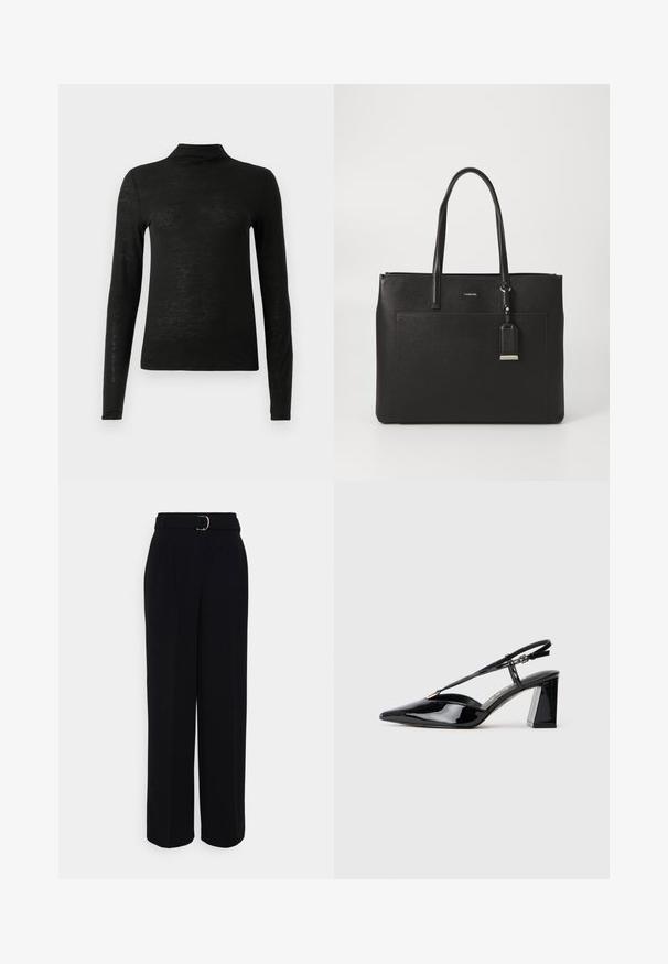Čierny dlhý rukáv, rolák vyrobený z ľahkej, mierne textúrovanej látky; má vysoký výstrih a priliehavý strih.; Čierne upravené nohavice s širokým strihom, s opaskom so striebornou sponou, záhybmi a hladkou textúrou látky.; Čierne patent leather sandále na vysokých opätkoch s ostrou špičkou, nastaviteľným popruhom a robustným obdĺžnikovým opätkom.; Čierna kožená tote taška s dvojitými rúčkami, štruktúrovaným povrchom, prednou kapsou a odnímateľnou visačkou so strieborným emblémom.