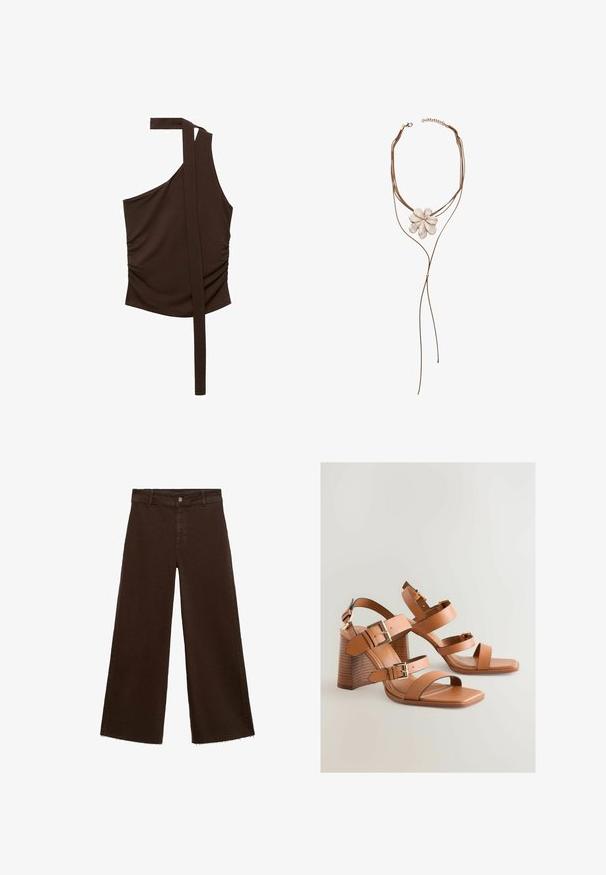 Top marrone a spalla unica realizzato in tessuto morbido, caratterizzato da un design drappeggiato, arricciature laterali e una lunga tracolla che si estende dalla spalla.; Pantaloni larghi marroni in misto cotone, caratterizzati da orlo sfrangiato, chiusura frontale con bottone e classico design a cinque tasche. Minimalisti e versatili.; Sandali con tacco alto in pelle marrone con più cinturini, dettagli in oro, e un tacco a blocco angolato. Tessuto liscio, design open-toe.; Stradivarius FLORAL  - Collana - beige