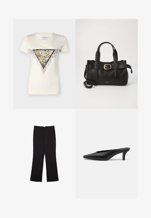Biała koszulka typu v-neck z trójkątnym wzorem w leopardzie plamy, ozdobiona metalicznymi akcentami i czarnym napisem "GUESS". Krótkie rękawy, gładka faktura.; Czarne spodnie o prostym kroju, z przednimi kieszeniami i bocznymi rozcięciami na dole. Wykonane z miękkiego, gładkiego materiału. Odpowiednie na różne okazje.; Czarne skórzane mule z ostrym noskiem i niskim obcasem w szpilkach. Gładka tekstura, minimalistyczny design i otwarty tył dla łatwego zakładania.; Czarna skórzana torebka o zorganizowanej konstrukcji, z podwójnymi uchwytami u góry, akcentem w postaci złotego zapięcia oraz wytłoczonym logo marki z przodu.