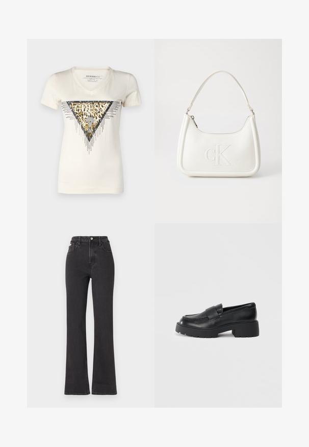 Valkoinen V-painike t-paita, jossa on kolmiomainen leopardikuosisuunnittelu metallisilla yksityiskohdilla ja mustalla tekstillä "GUESS". Lyhyet hihat, sileä rakenne.; Mustat korkeavartiset leveälahkeiset farkut, jotka on valmistettu denimistä. Varustettu nappikiinnityksellä, vyölenkeillä ja sivutaskuilla. Tasainen rakenne, jossa on minimaalista haalistumista.; Musta nahkakengät loaferit, joissa on teksturoitu pinta, ja joissa on suorakulmainen nauha vampin yli sekä paksu, uritettuakun muotoilu.; Valkoinen nahkalaukku, jossa on kaareva muotoilu, etupuolella kohokuvioitu "CK" -logo ja yksi olkahihna. Vetoketjukiinnitys ylhäällä.
