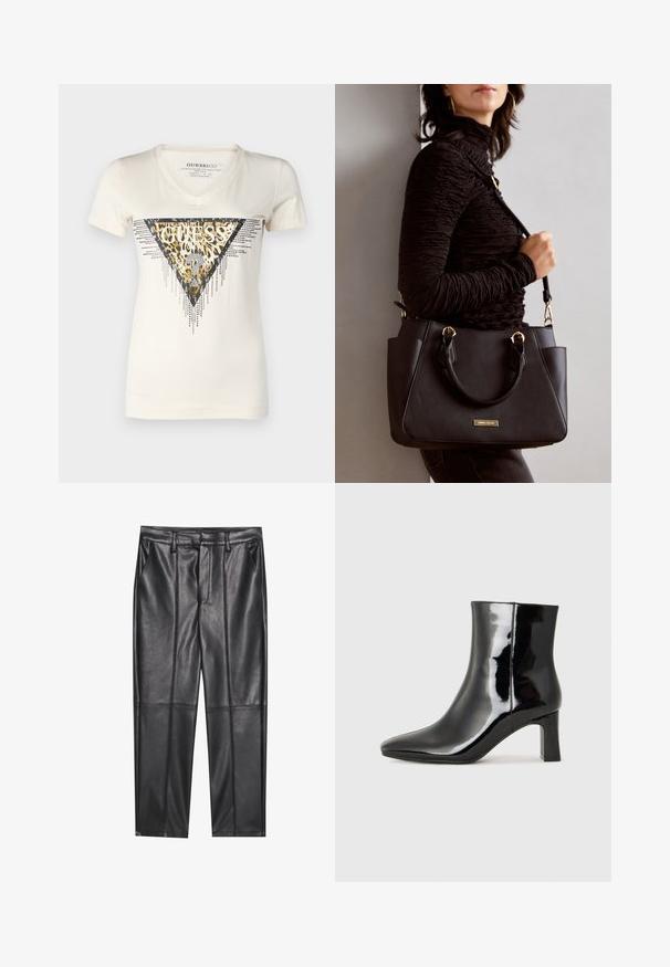 Witte v-neck t-shirt met een driehoekig luipaardprintontwerp met metallic accenten en zwarte letters "GUESS". Korte mouwen, gladde textuur.; Zwarte leren broeken met een gladde textuur, voorzien van een rechte pasvorm, twee voorzakken en zichtbare naaddetail.; Zwarte gepolijste leren enkellaars met een spitse neus en een blokhak van gemiddelde hoogte. Glad textuur en minimalistisch ontwerp.; Zwarte handtas met gestructureerd oppervlak, dubbele bovenhandvatten en verstelbare schouderriem. Voorzien van goudkleurige hardware en zijzakken.