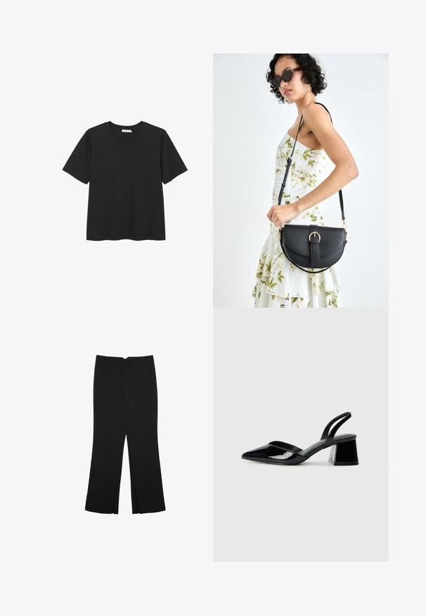Czarny krótki rękaw T-shirt z okrągłym dekoltem, wykonany z miękkiego materiału bawełnianego, z prostym dołem i bez widocznych wzorów ani akcentów.; Czarne spodnie o prostym kroju, z przednimi kieszeniami i bocznymi rozcięciami na dole. Wykonane z miękkiego, gładkiego materiału. Odpowiednie na różne okazje.; Czarne lakierowane półbuty na obcasie z wydłużonym noskiem i geometrycznym słupkiem. Charakteryzują się eleganckim, minimalistycznym designem oraz gładką fakturą.; Czarna skórzana torebka o zakrzywionym kształcie, z odpinanym paskiem i złotymi akcentami. Torebka posiada klapę z zapięciem w kształcie klamry.