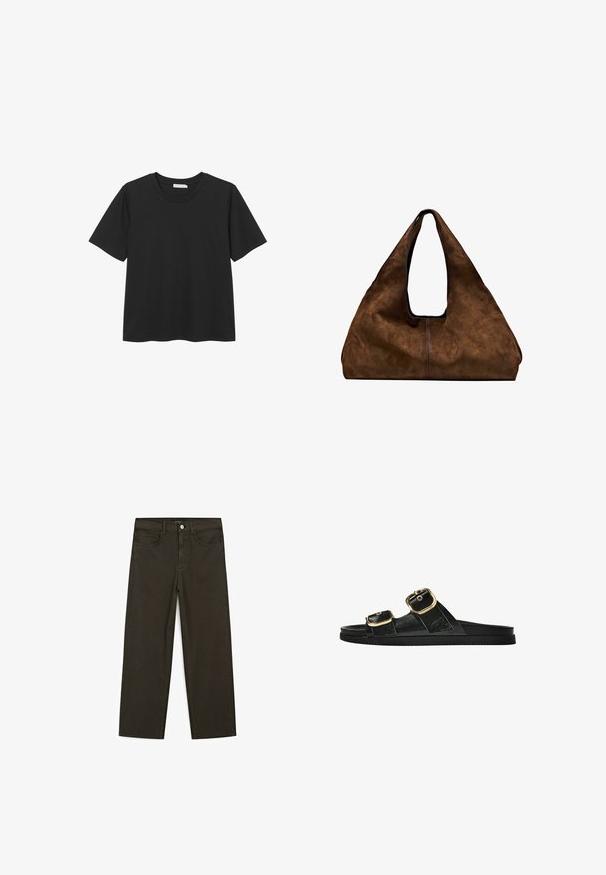 Svart kortärmad T-shirt med rund halsringning, tillverkad av mjukt bomullsmaterial, med rak nederkant och utan synliga mönster eller detaljer.; Mörkgröna vida jeans i bomullsblandning, med knäppning fram, fem fickor och klassisk denimstickning.; Svart glidsandal med två guldfärgad spännen, slät textur av material, platt sula och en minimalistisk design.; Brun mocka axelväska med öppen topp. Har en djup, bred kropp, urgröpt handtag och minimal sömnad för en ren design.