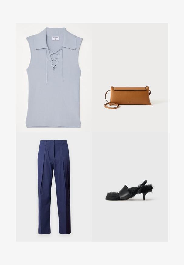 Filippa K LACED COLLAR - Top - ice blue; Navyblauwe broek van lichtgewicht stof, met een rechte snit, voorplooien en een soepele textuur.; Zwarte kitten heel sandaal met fluffy bont dat de binnenzool, hielband en teengebied bedekt, met een soepele leren voorkantstrap.; Bruine lederen clutch, rechthoekige vorm, gestructureerd oppervlak, afneembare schouderband, ritsluiting, subtiel logo op de voorkant geperst.